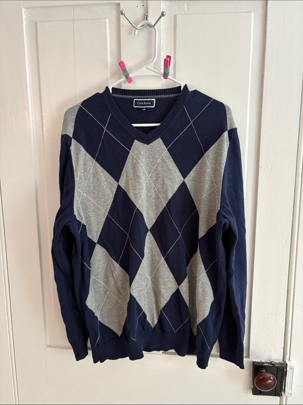 Club Room Navy and Gray Argyle V-Neck Sweater for Women
